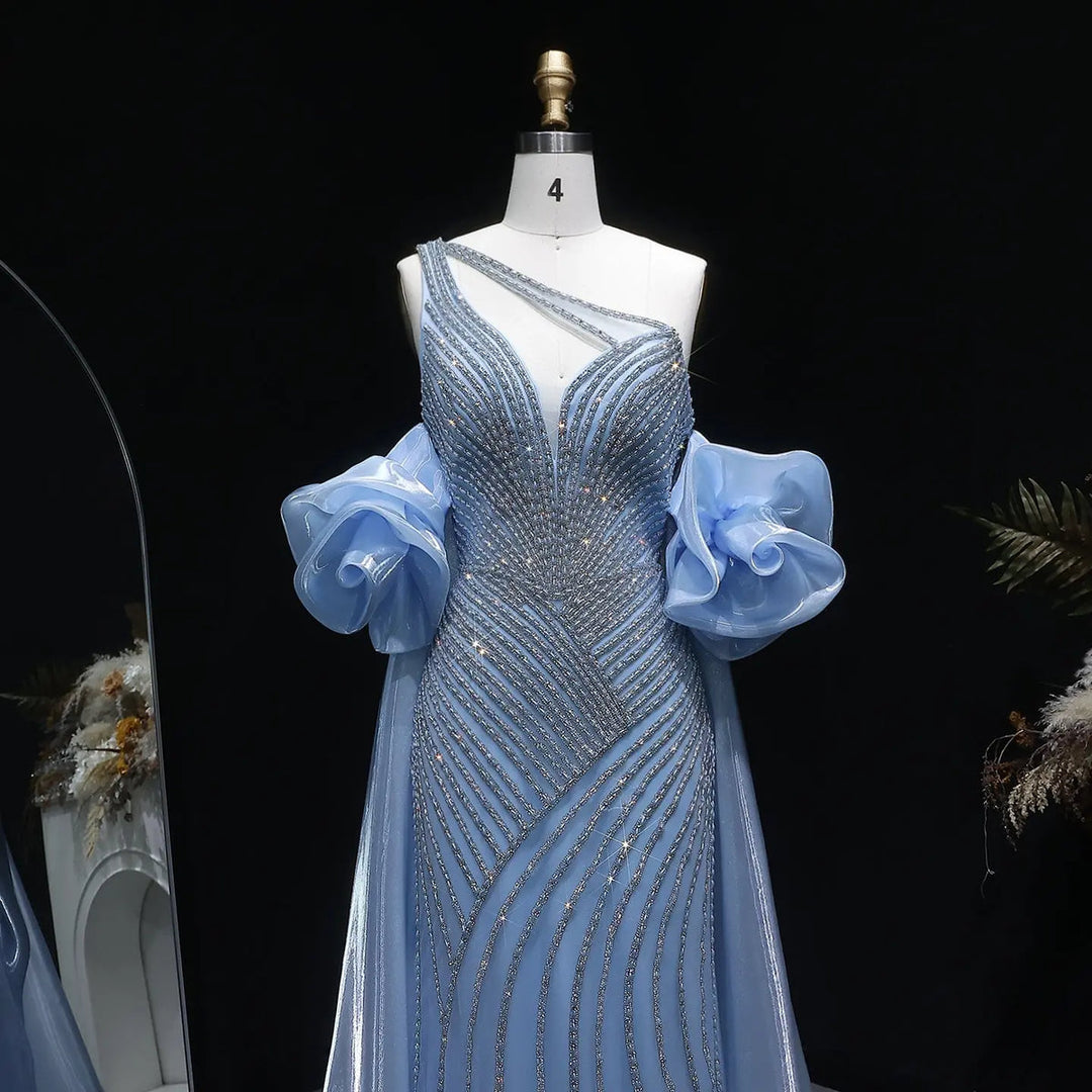 Elegent Blue Beaded One-Shoulder Evening Dress with Flowing Cape SS016-DreamyVow