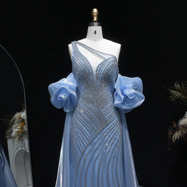 Elegent Blue Beaded One-Shoulder Evening Dress with Flowing Cape SS016-DreamyVow
