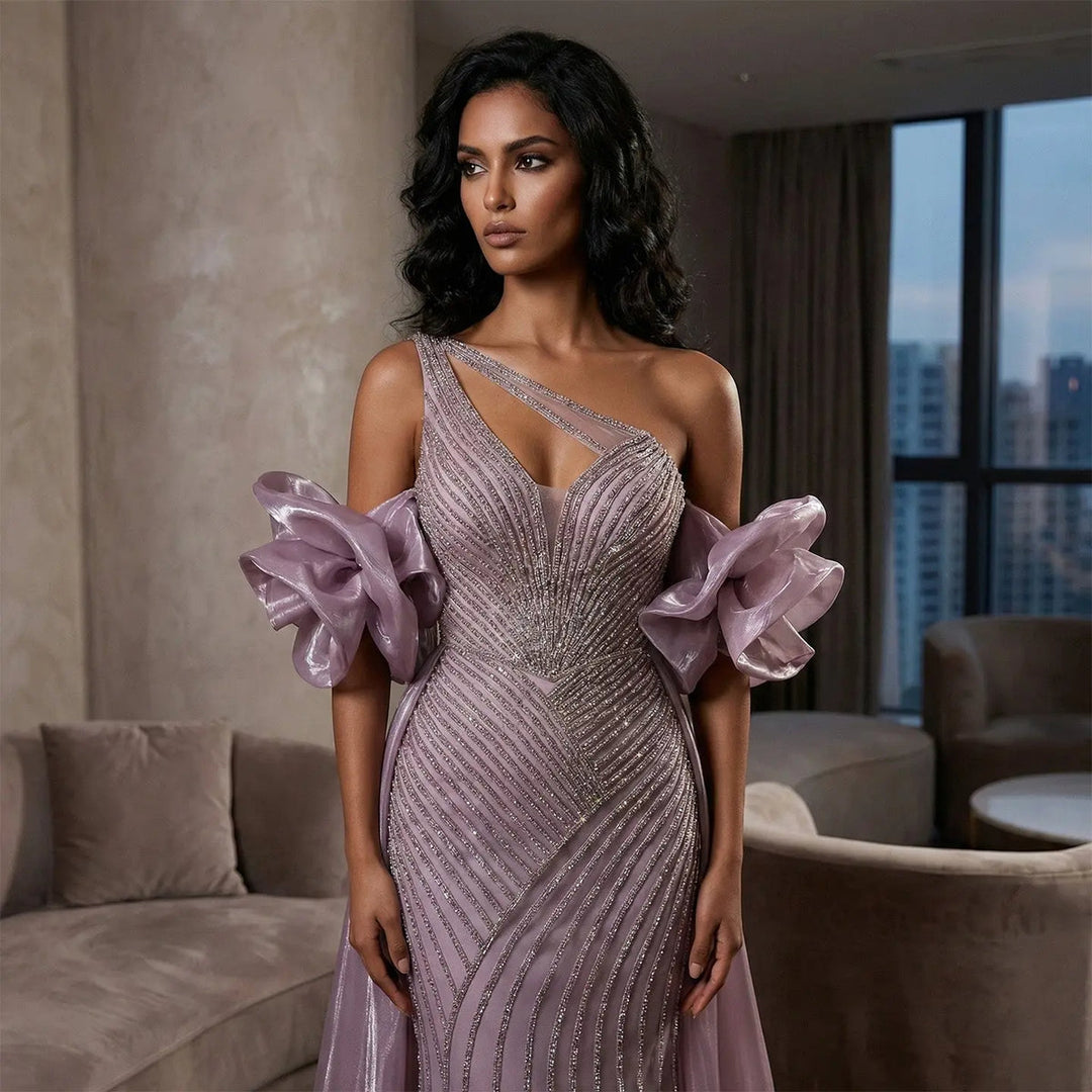 Elegent Blue Beaded One-Shoulder Evening Dress with Flowing Cape SS016-DreamyVow