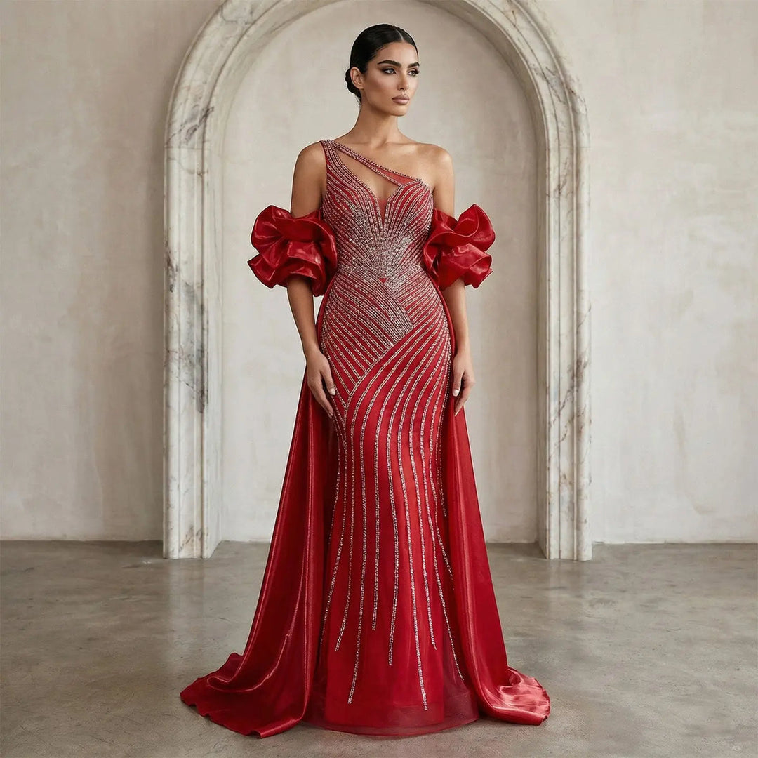 Elegent Blue Beaded One-Shoulder Evening Dress with Flowing Cape SS016-DreamyVow