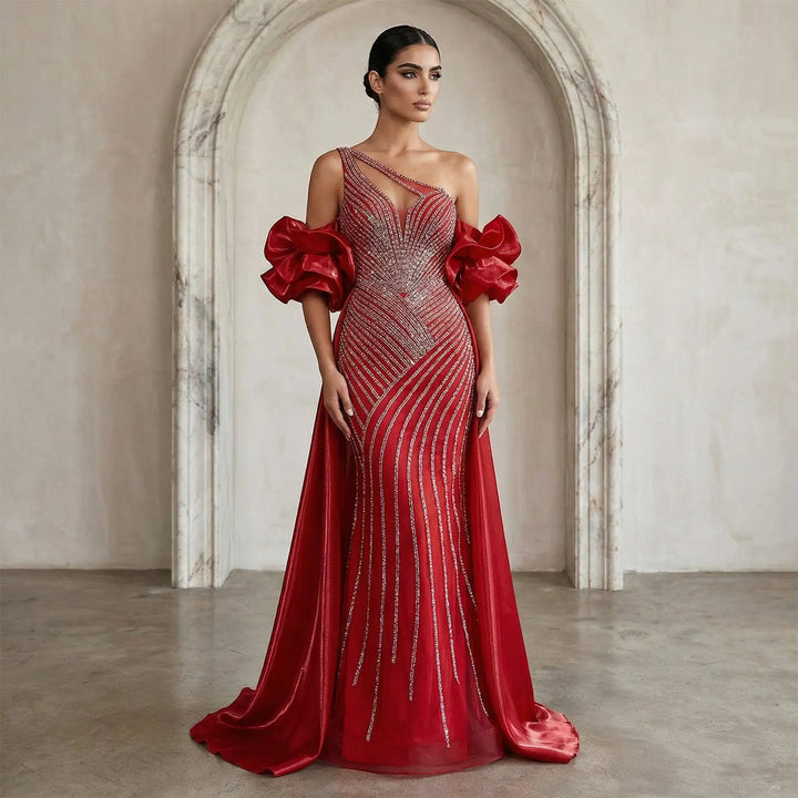Elegent Blue Beaded One-Shoulder Evening Dress with Flowing Cape SS016-DreamyVow