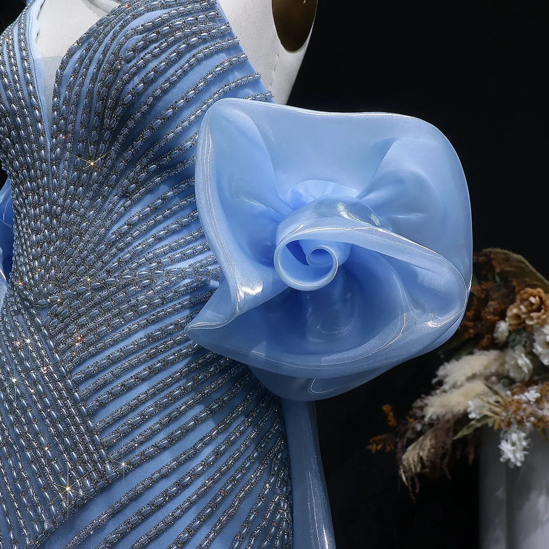 Elegent Blue Beaded One-Shoulder Evening Dress with Flowing Cape SS016-DreamyVow