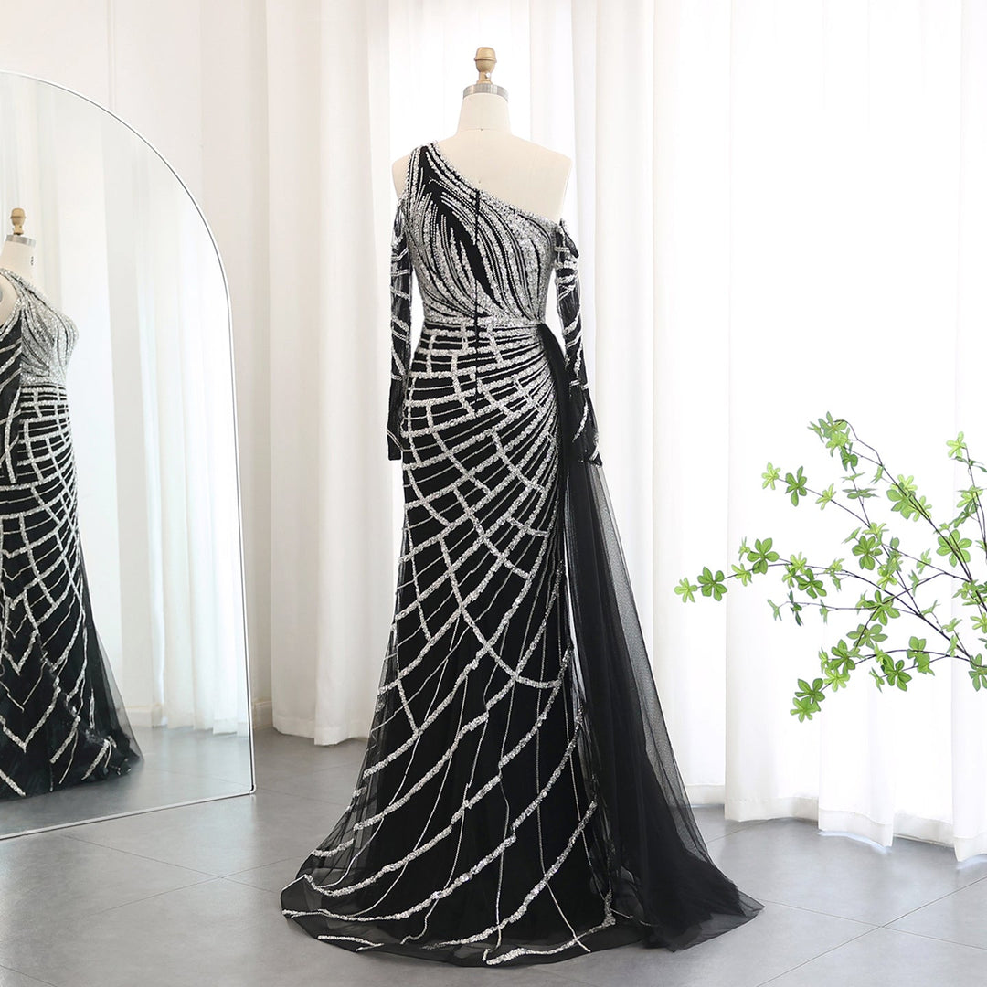 Emerald Green One Shoulder Evening Dress with Overskirt Long Sleeves SS197
