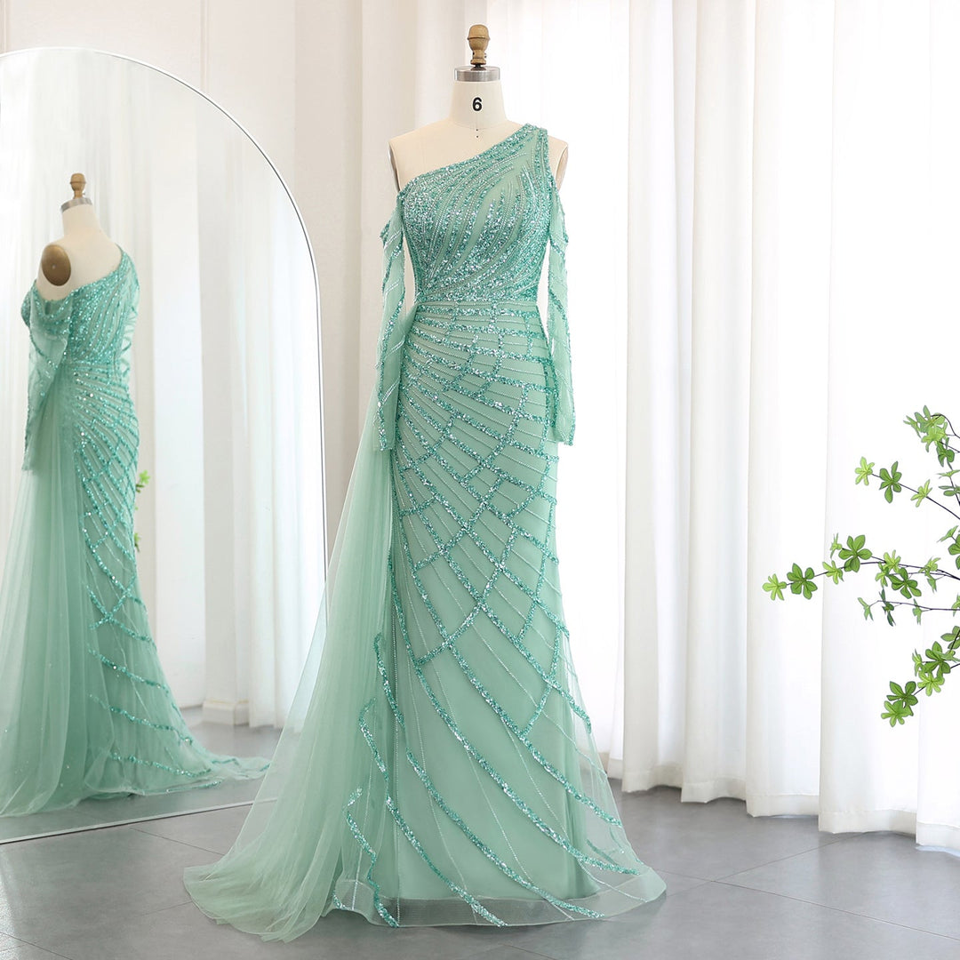 Emerald Green One Shoulder Evening Dress with Overskirt Long Sleeves SS197