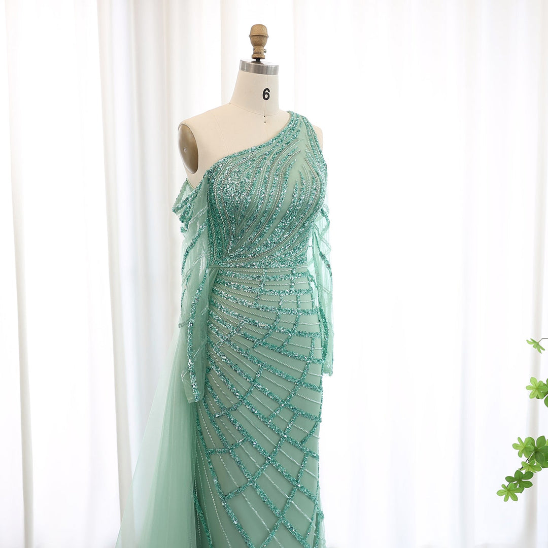 Emerald Green One Shoulder Evening Dress with Overskirt Long Sleeves SS197