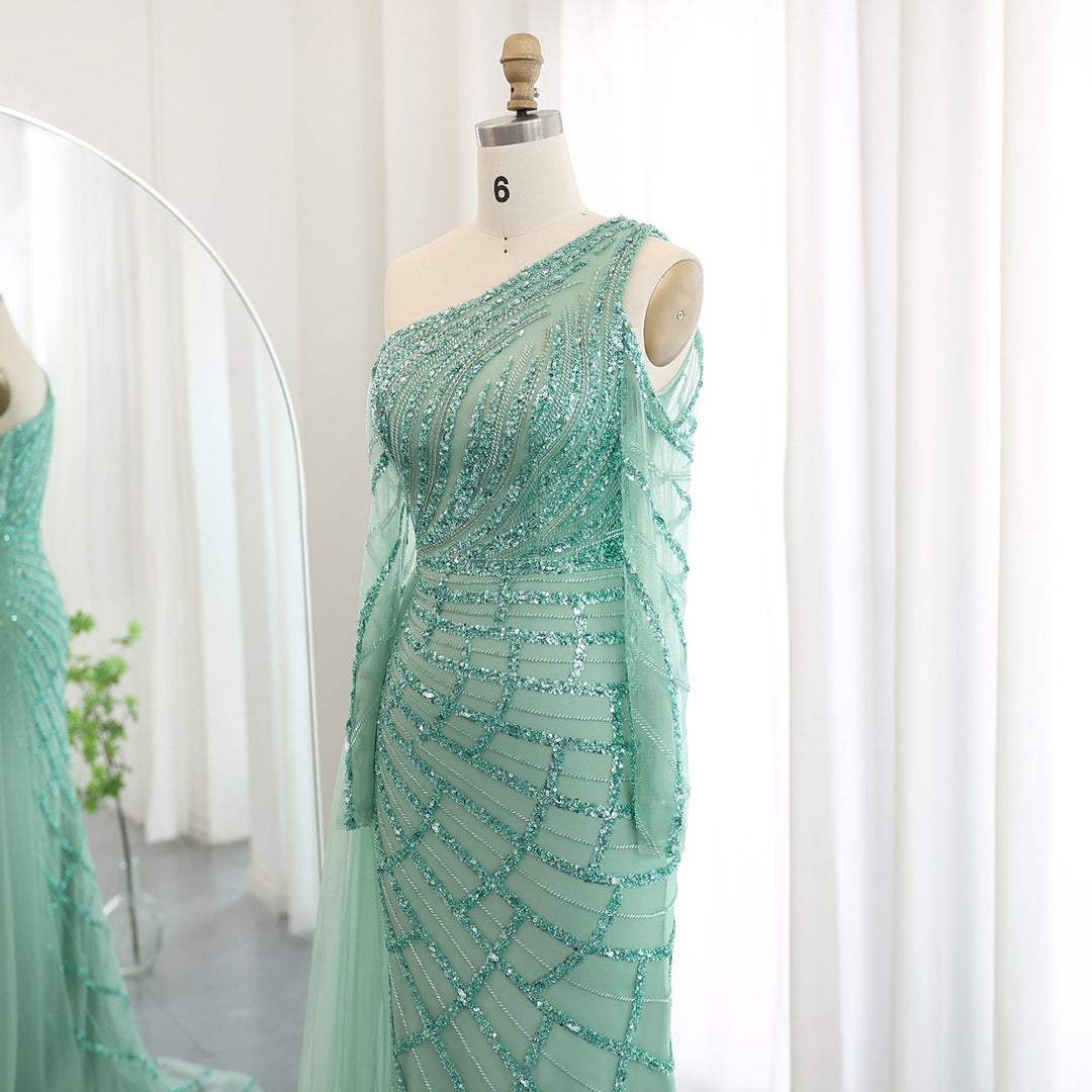Luxury Rose Pink One Shoulder Mermaid Evening Dresses for Women Wedding Party High Slit Long Prom Formal Gowns Green / 14 Luxury Rose Pink One Shoulder Mermaid Evening Dresses for Women Wedding Party High Slit Long Prom Formal Gowns Green / 14