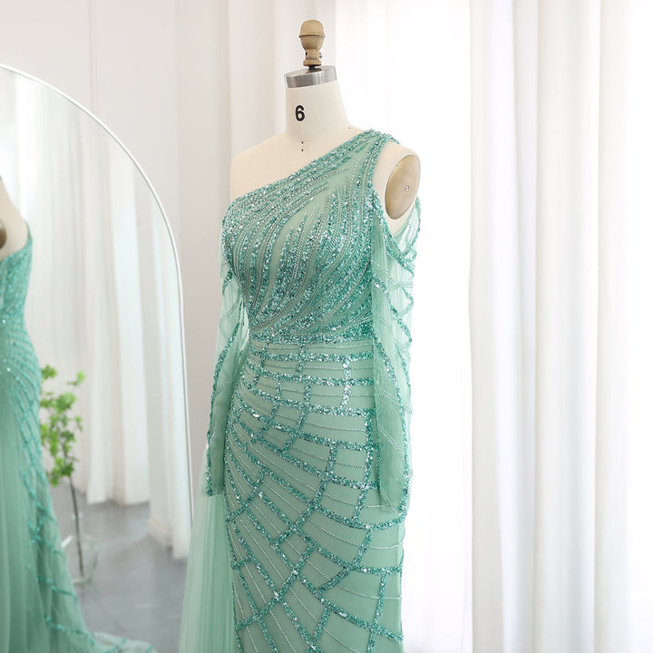 Emerald Green One Shoulder Evening Dress with Overskirt Long Sleeves SS197