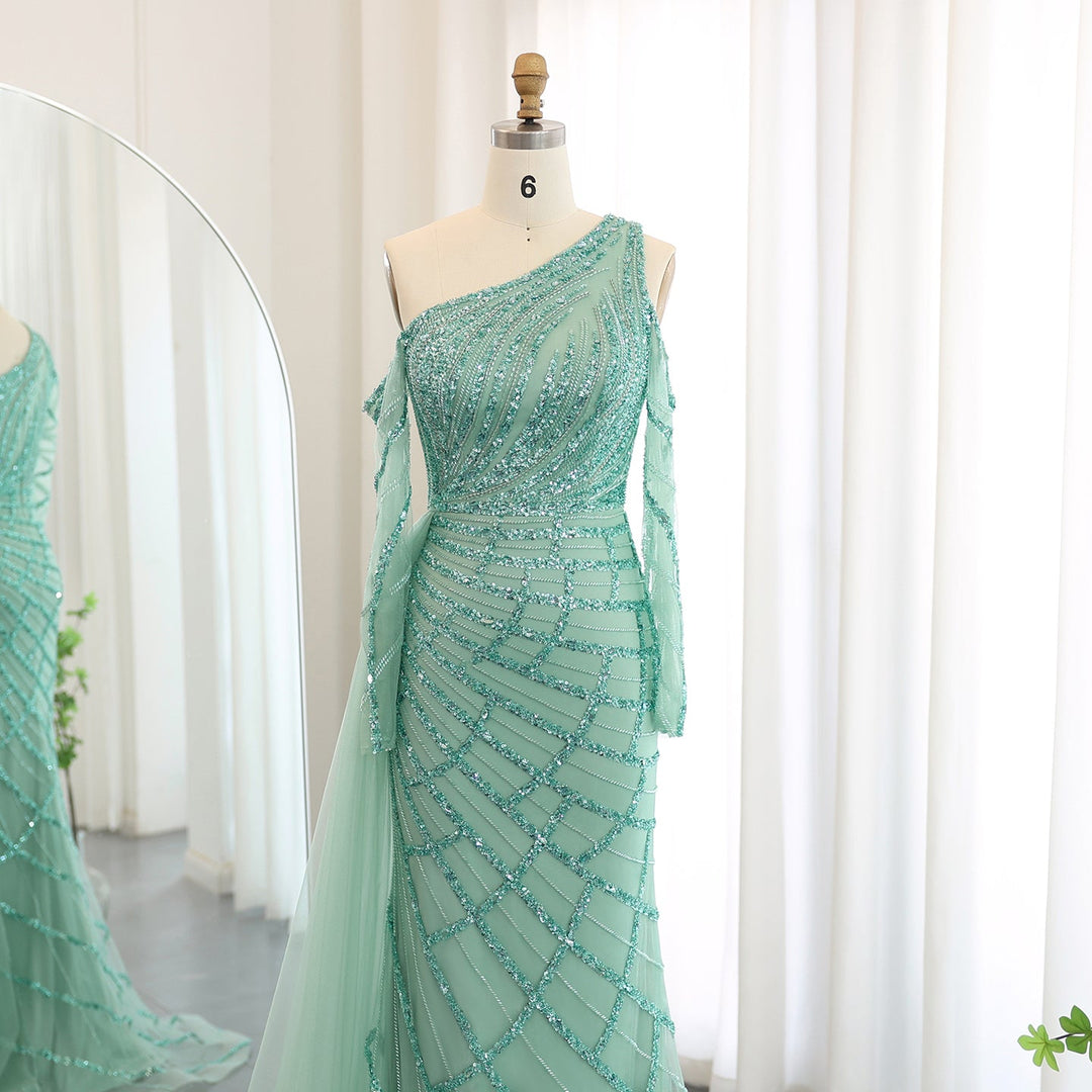 Emerald Green One Shoulder Evening Dress with Overskirt Long Sleeves SS197