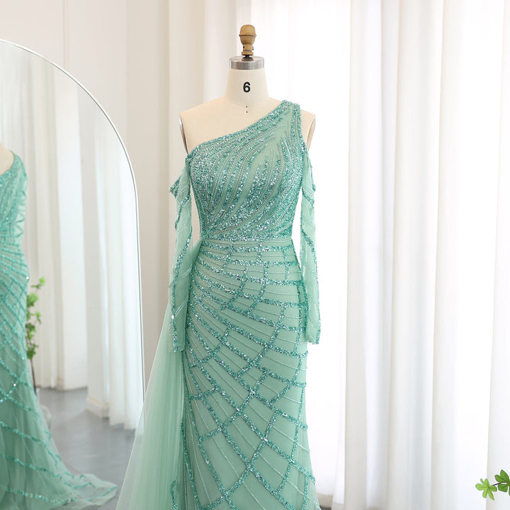 Emerald Green One Shoulder Evening Dress with Overskirt Long Sleeves SS197