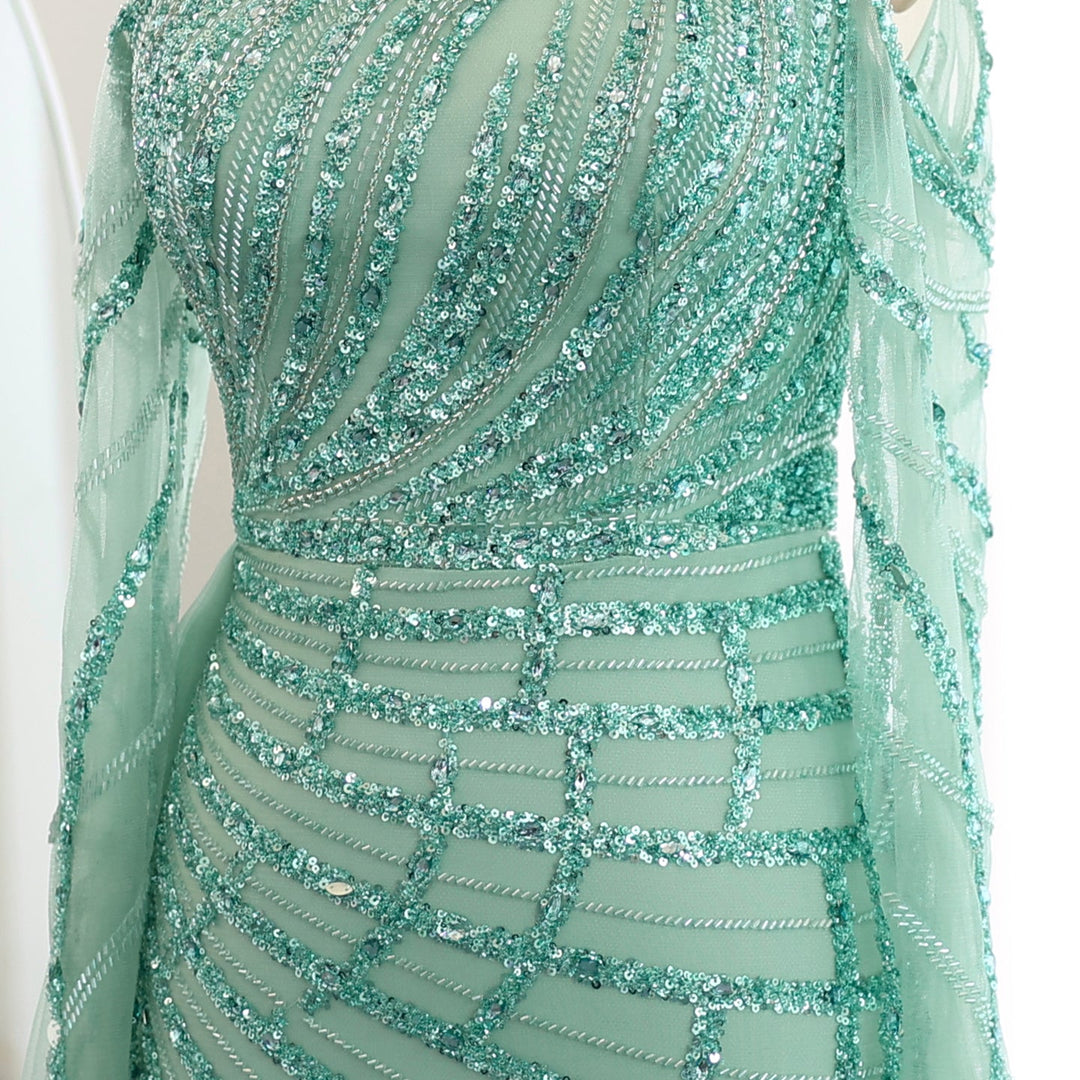 Emerald Green One Shoulder Evening Dress with Overskirt Long Sleeves SS197