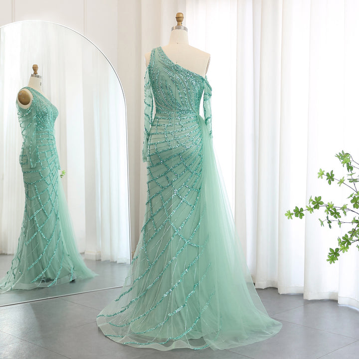 Emerald Green One Shoulder Evening Dress with Overskirt Long Sleeves SS197