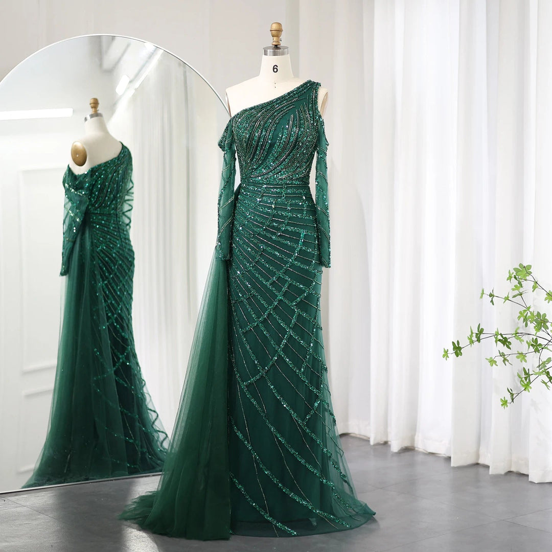 Emerald Green One Shoulder Evening Dress with Overskirt Long Sleeves SS197