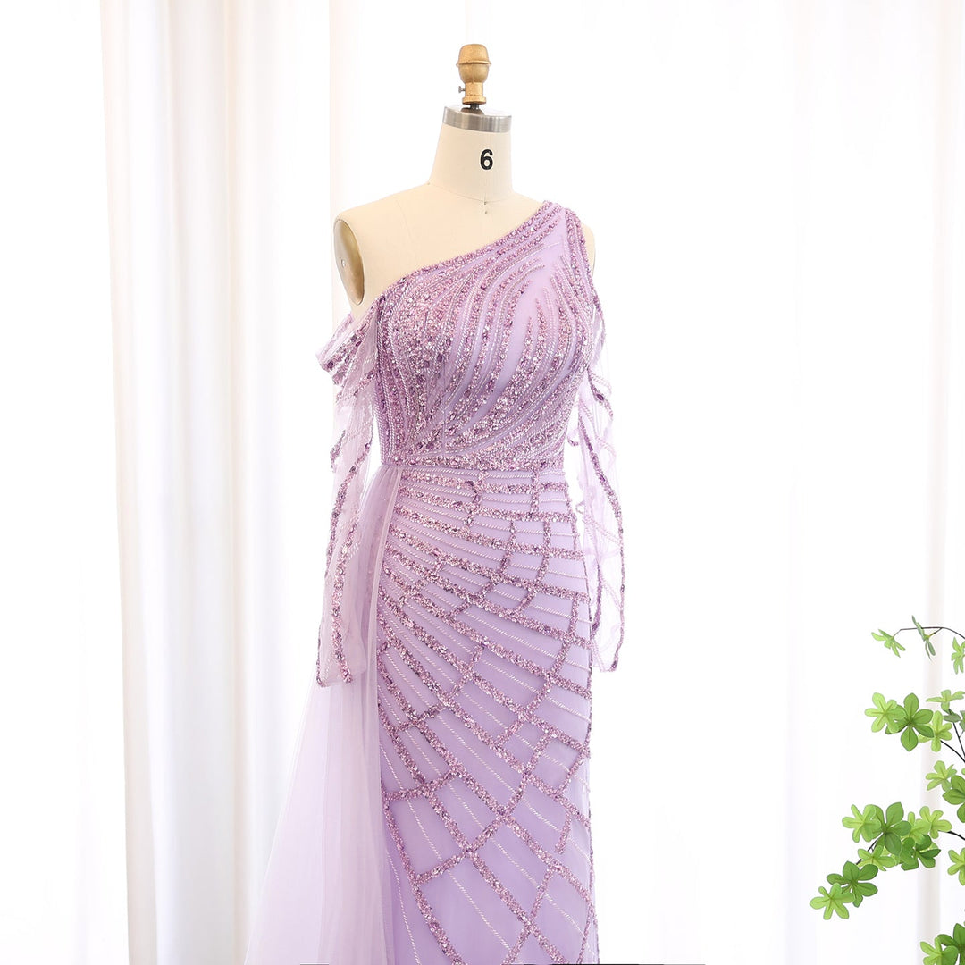 Emerald Green One Shoulder Evening Dress with Overskirt Long Sleeves SS197