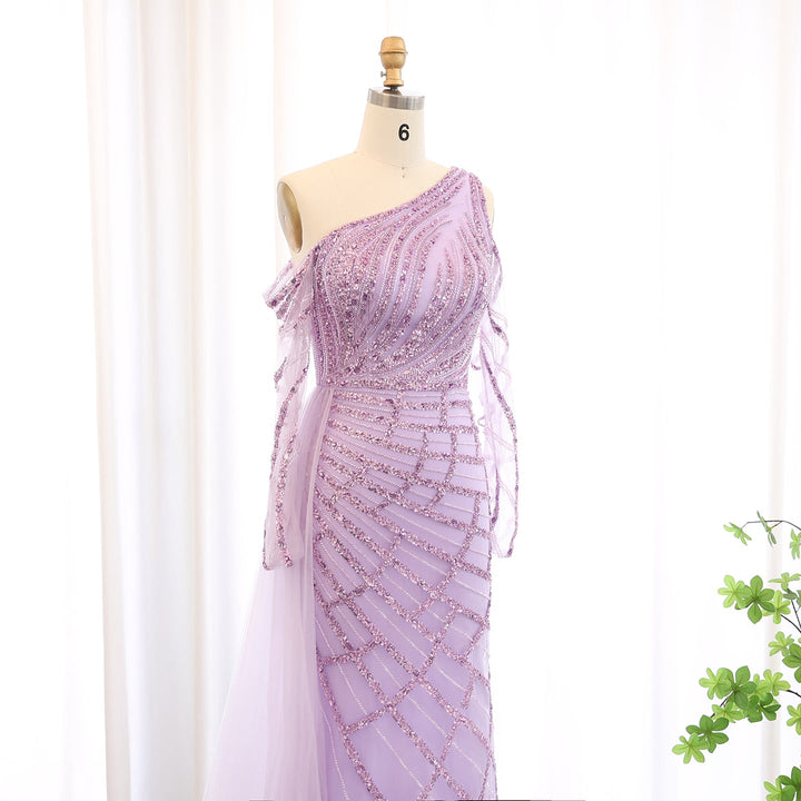 Emerald Green One Shoulder Evening Dress with Overskirt Long Sleeves SS197