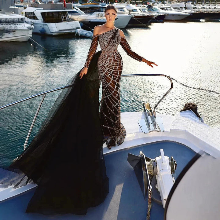 Emerald Green One Shoulder Evening Dress with Overskirt Long Sleeves SS197