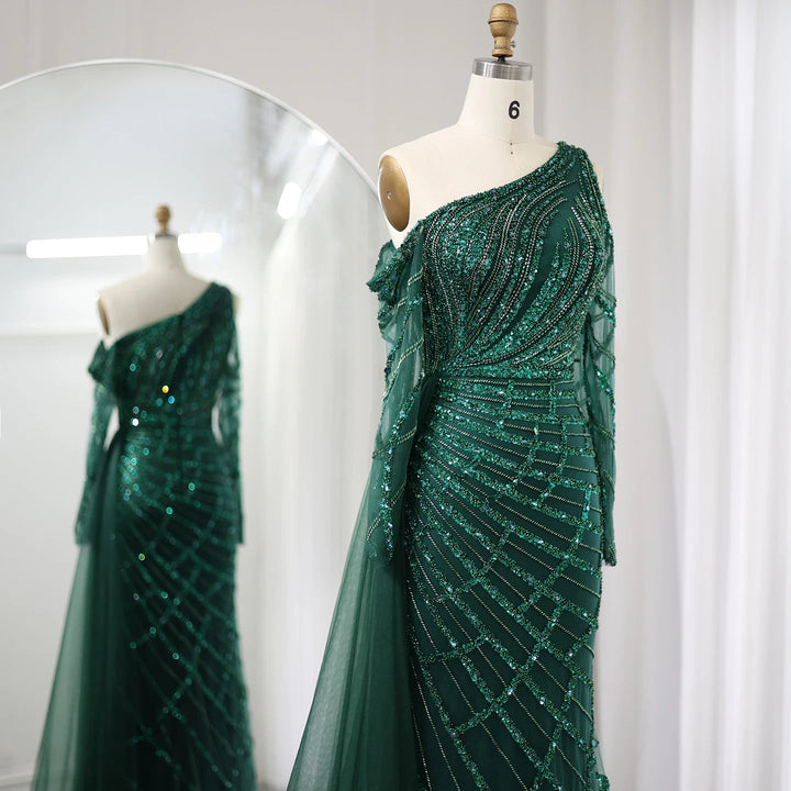Emerald Green One Shoulder Evening Dress with Overskirt Long Sleeves SS197