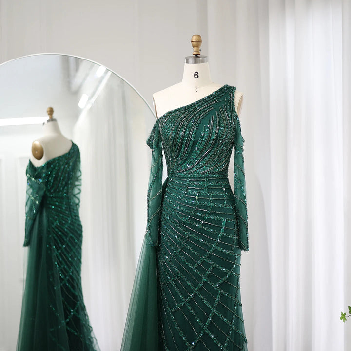 Emerald Green One Shoulder Evening Dress with Overskirt Long Sleeves SS197