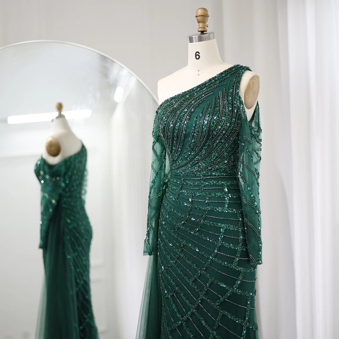 Emerald Green One Shoulder Evening Dress with Overskirt Long Sleeves SS197