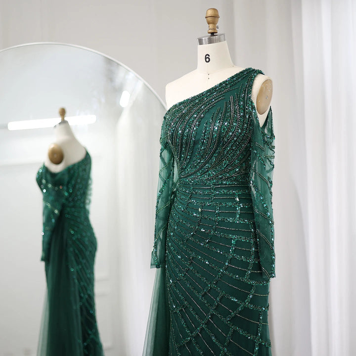 Emerald Green One Shoulder Evening Dress with Overskirt Long Sleeves SS197