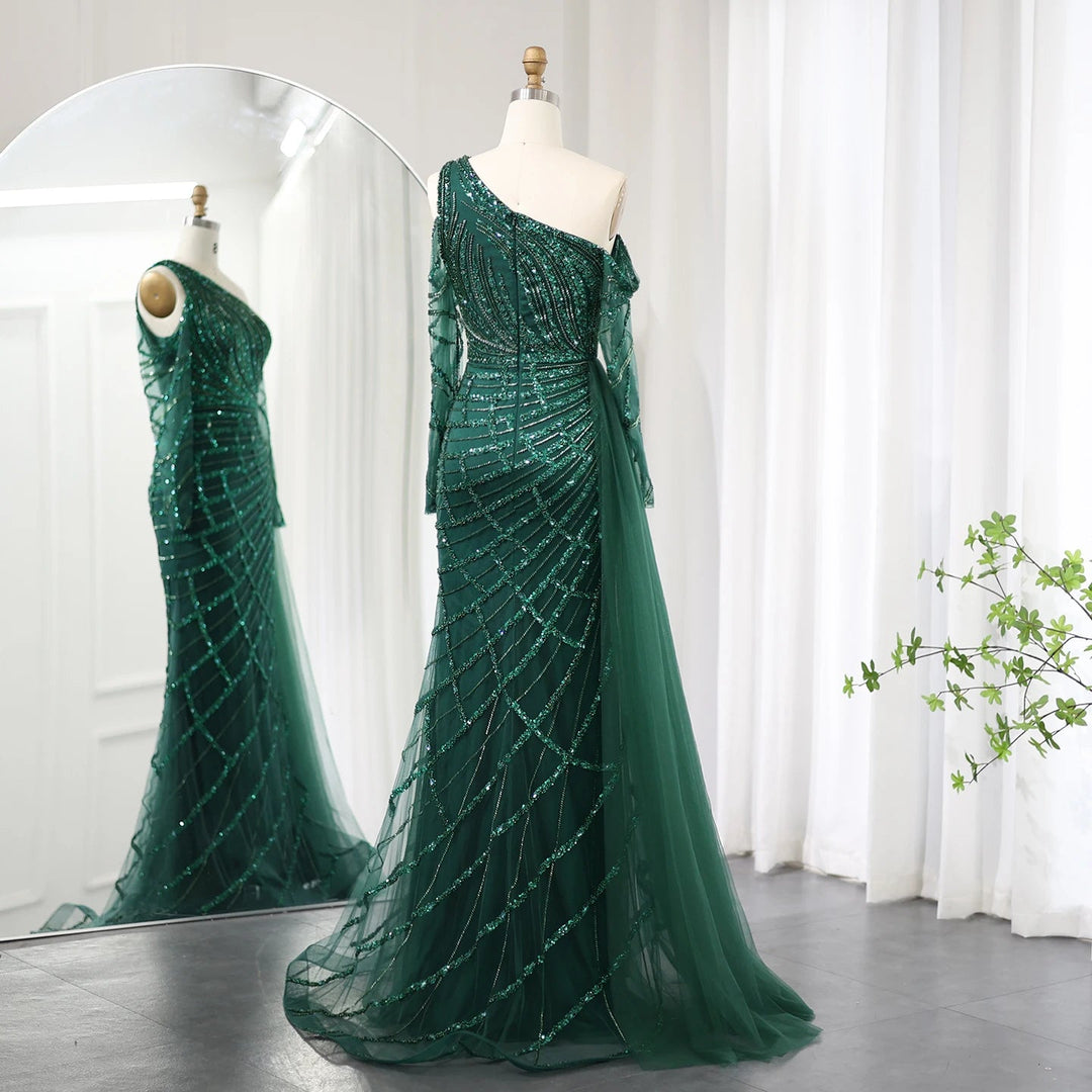 Luxury Rose Pink One Shoulder Mermaid Evening Dresses for Women Wedding Party High Slit Long Prom Formal Gowns Green / 14
