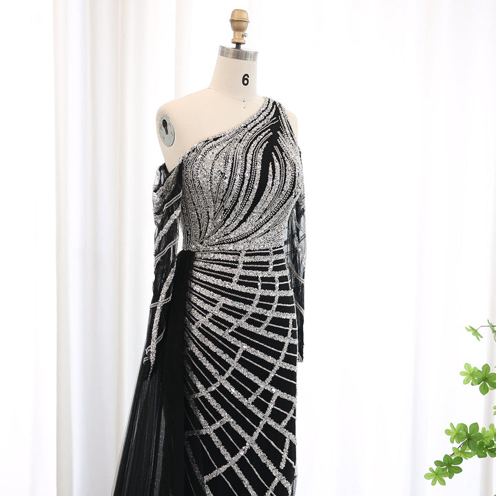 Emerald Green One Shoulder Evening Dress with Overskirt Long Sleeves SS197
