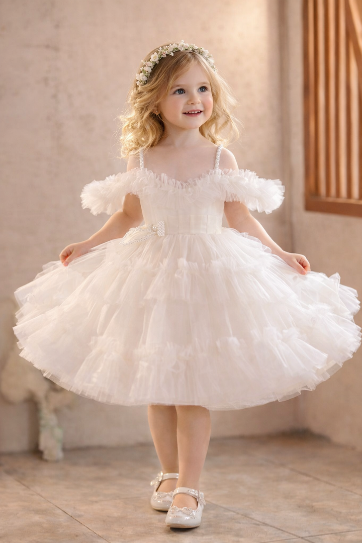 Elegant Off-Shoulder Pearl Pageant Dress for Girls Princess Party Gown D239