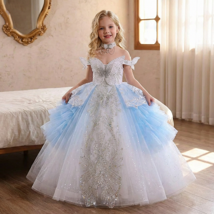Luxury Blue Princess Girl Dress with Beading Birthday Pageant Party D232
