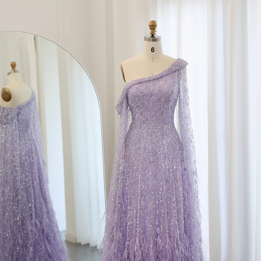 Feather One Shoulder Evening Dresses with Cape Sleeves SS438