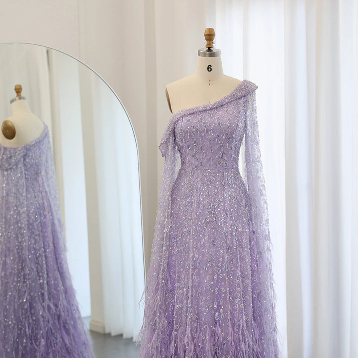 Feather One Shoulder Evening Dresses with Cape Sleeves SS438