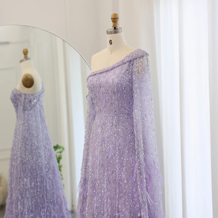 Feather One Shoulder Evening Dresses with Cape Sleeves SS438