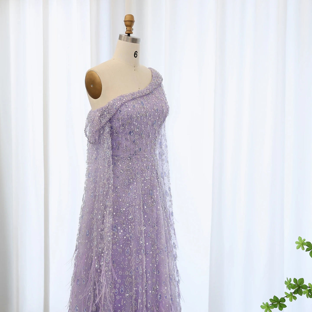 Feather One Shoulder Evening Dresses with Cape Sleeves SS438