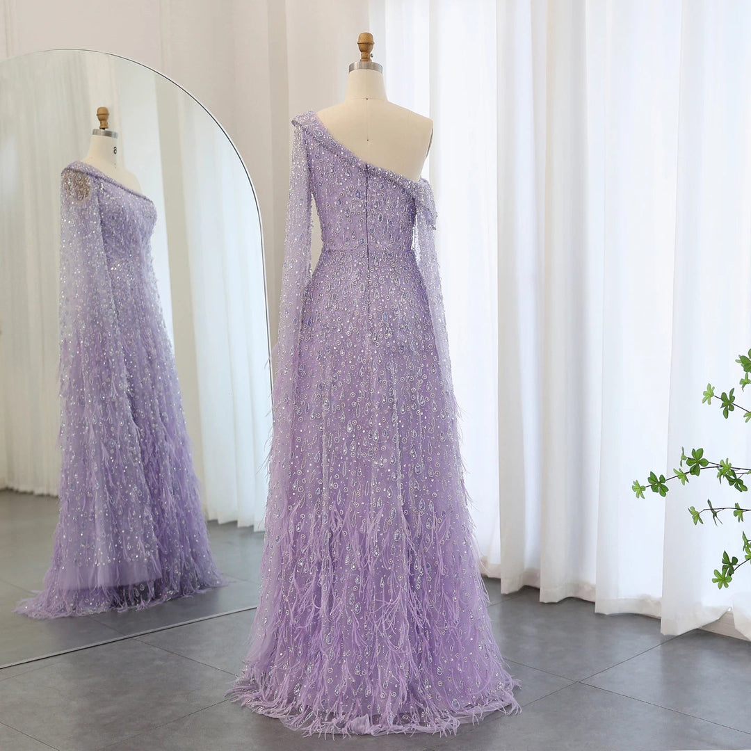 Feather One Shoulder Evening Dresses with Cape Sleeves SS438 DreamyVow Feather One Shoulder Evening Dresses with Cape Sleeves SS438 DreamyVow
