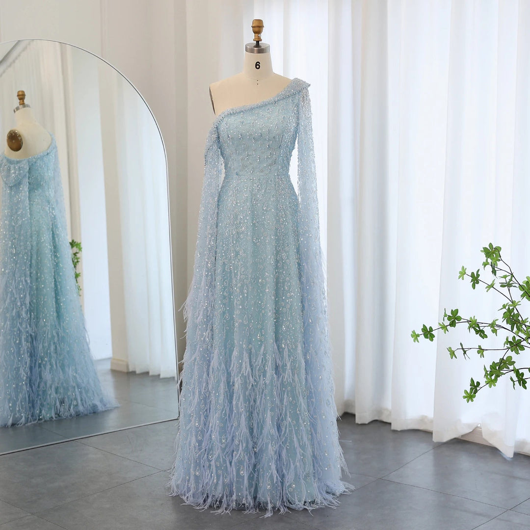Feather One Shoulder Evening Dresses with Cape Sleeves SS438 DreamyVow Feather One Shoulder Evening Dresses with Cape Sleeves SS438 DreamyVow
