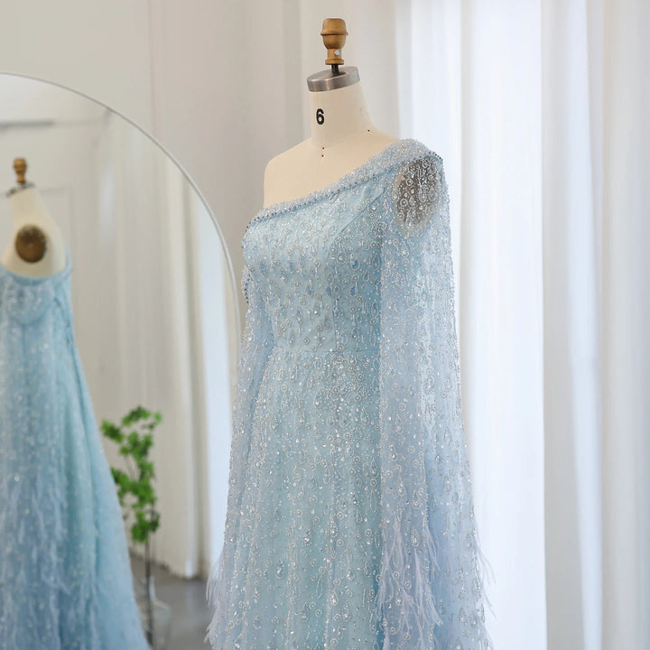 Feather One Shoulder Evening Dresses with Cape Sleeves SS438