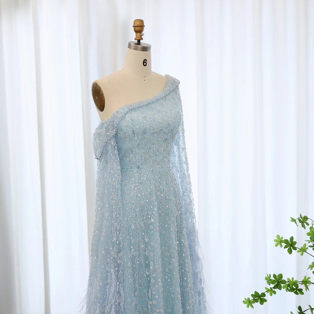 Feather One Shoulder Evening Dresses with Cape Sleeves SS438