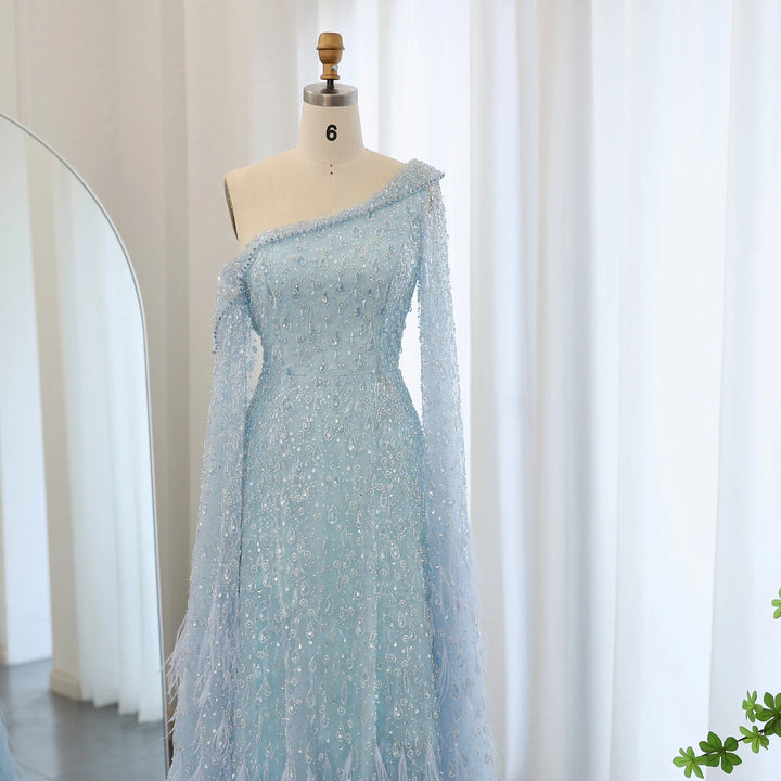Feather One Shoulder Evening Dresses with Cape Sleeves SS438