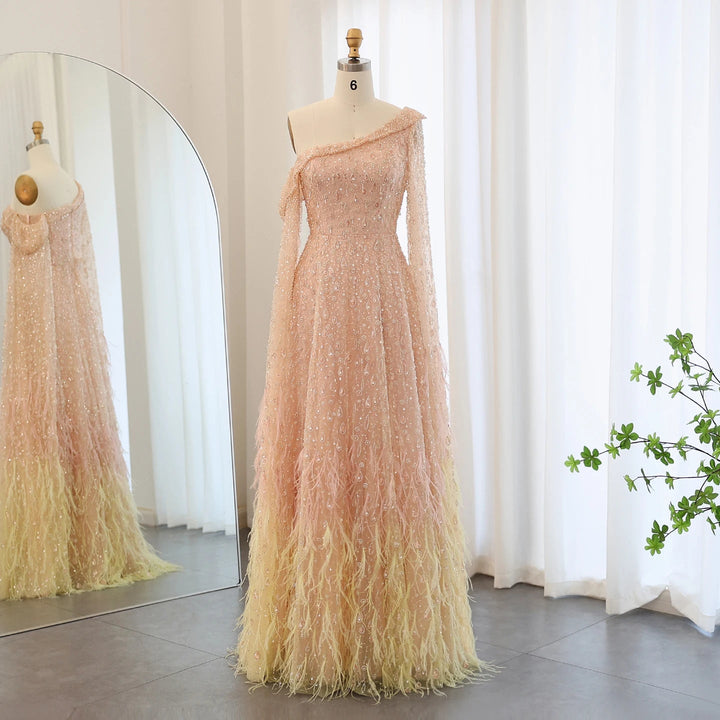 Feather One Shoulder Evening Dresses with Cape Sleeves SS438