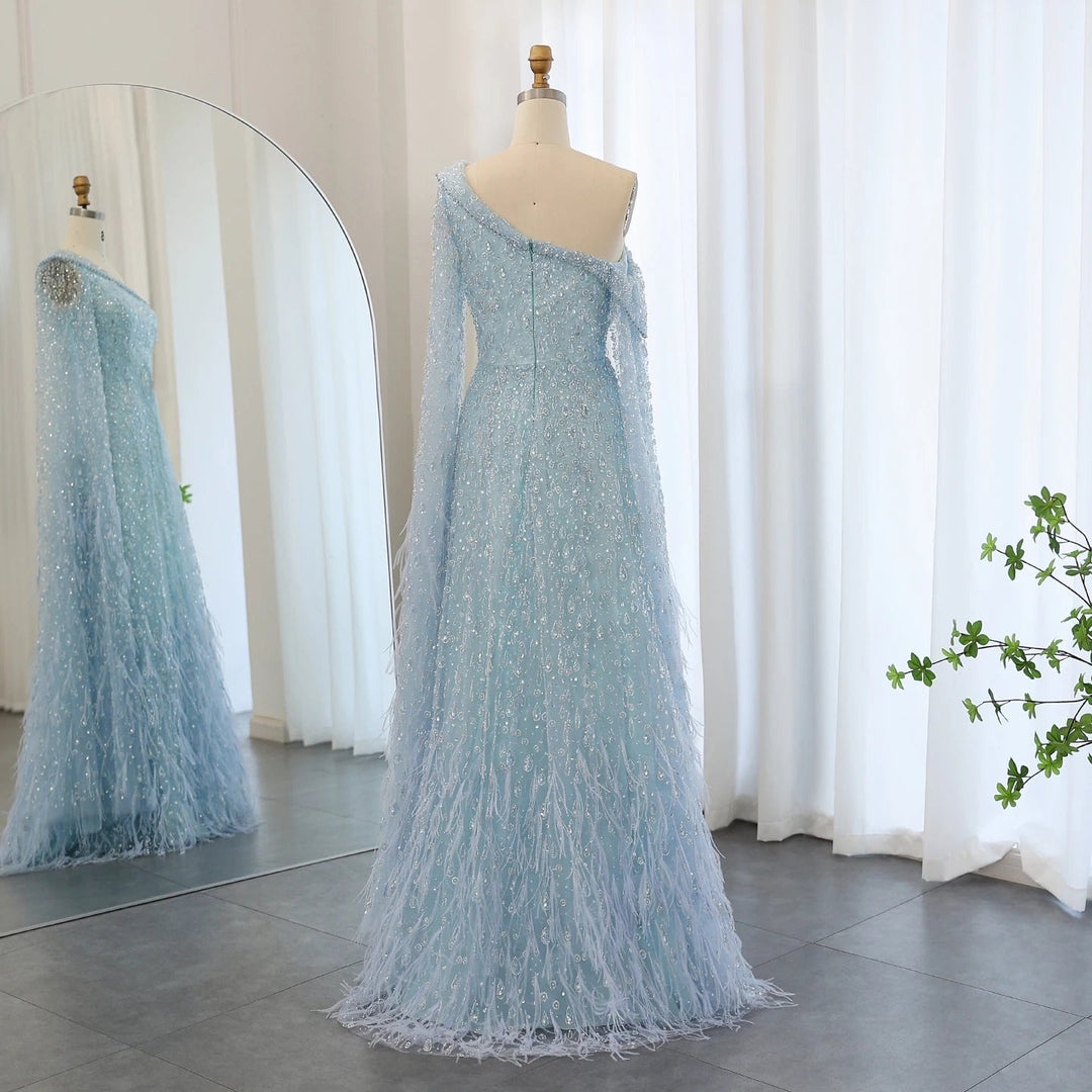 Feather One Shoulder Evening Dresses with Cape Sleeves SS438