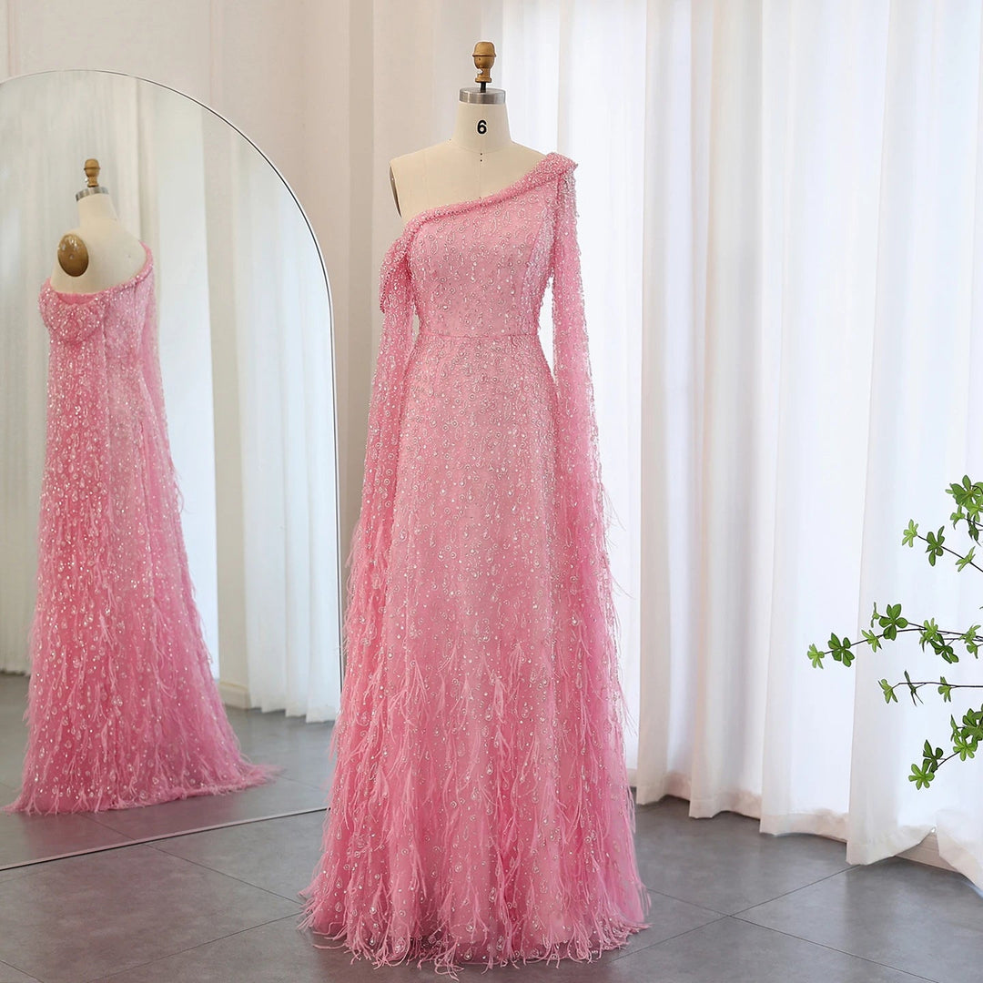 Feather One Shoulder Evening Dresses with Cape Sleeves SS438 DreamyVow Feather One Shoulder Evening Dresses with Cape Sleeves SS438 DreamyVow