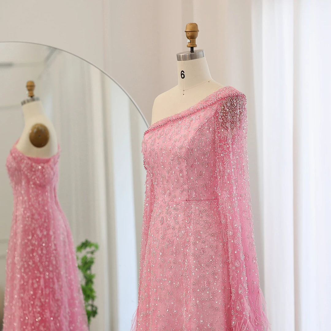Feather One Shoulder Evening Dresses with Cape Sleeves SS438