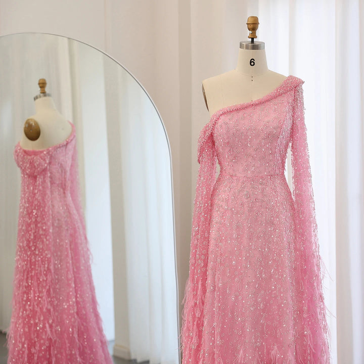 Feather One Shoulder Evening Dresses with Cape Sleeves SS438
