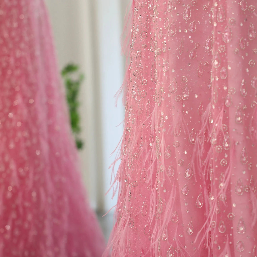 Feather One Shoulder Evening Dresses with Cape Sleeves SS438