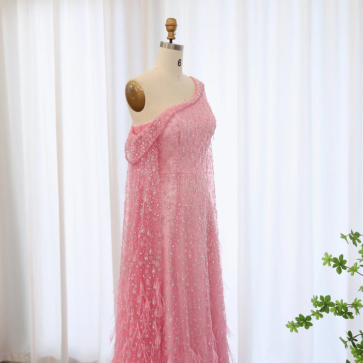 Feather One Shoulder Evening Dresses with Cape Sleeves SS438