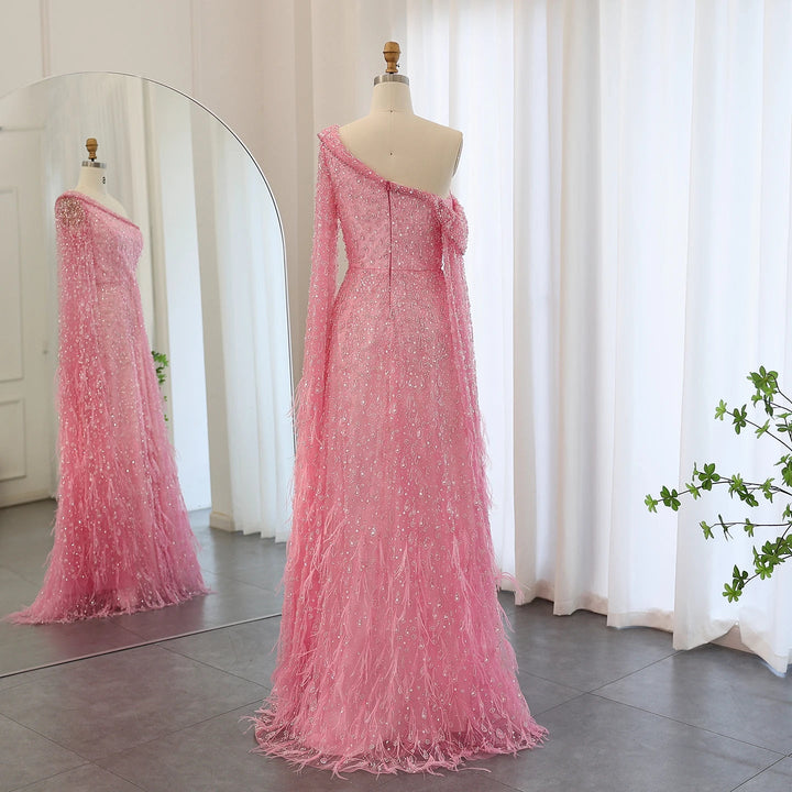 Feather One Shoulder Evening Dresses with Cape Sleeves SS438