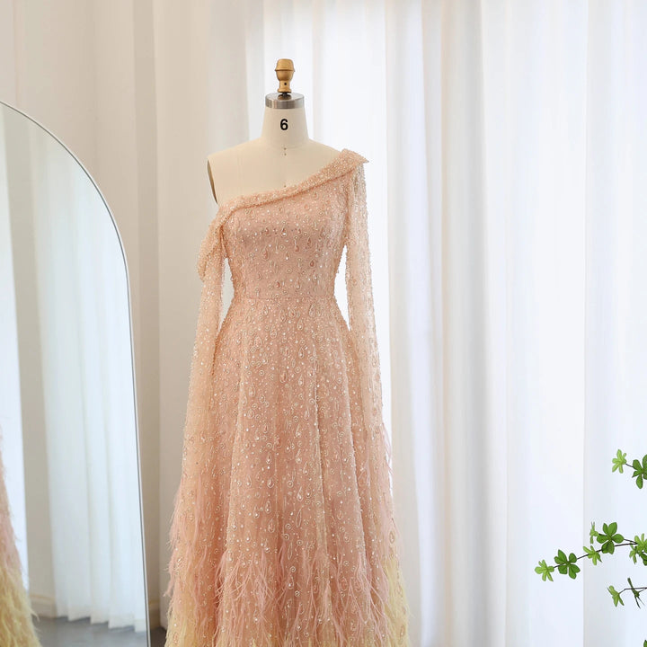 Feather One Shoulder Evening Dresses with Cape Sleeves SS438