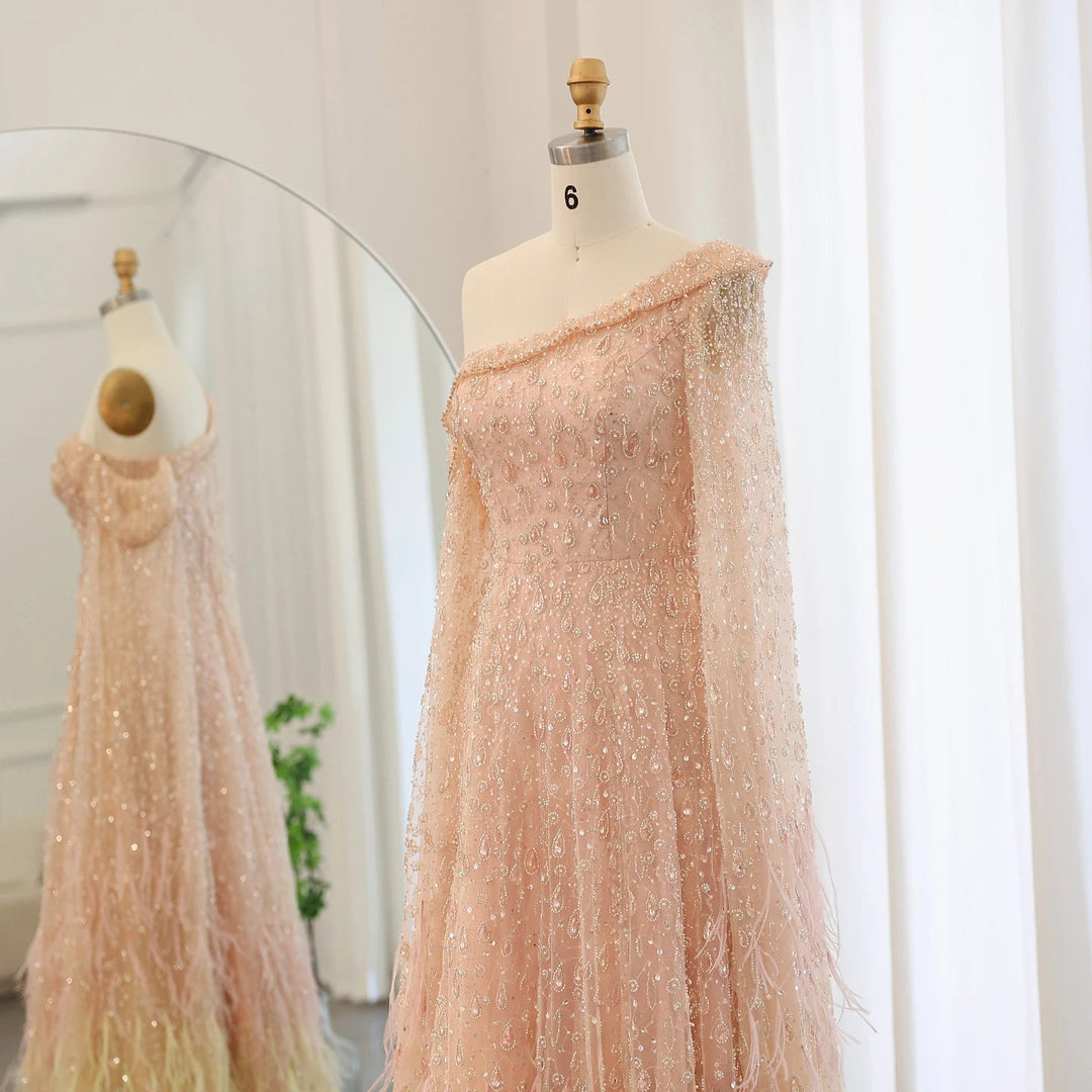 Feather One Shoulder Evening Dresses with Cape Sleeves SS438