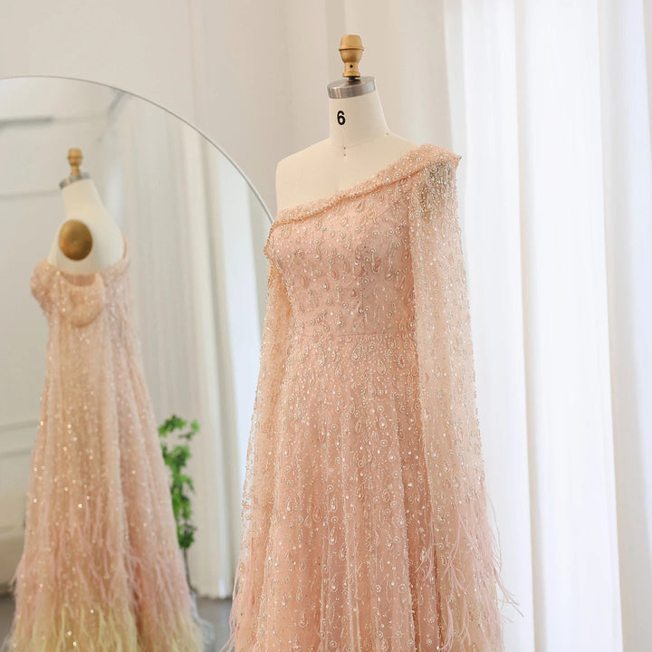Feather One Shoulder Evening Dresses with Cape Sleeves SS438