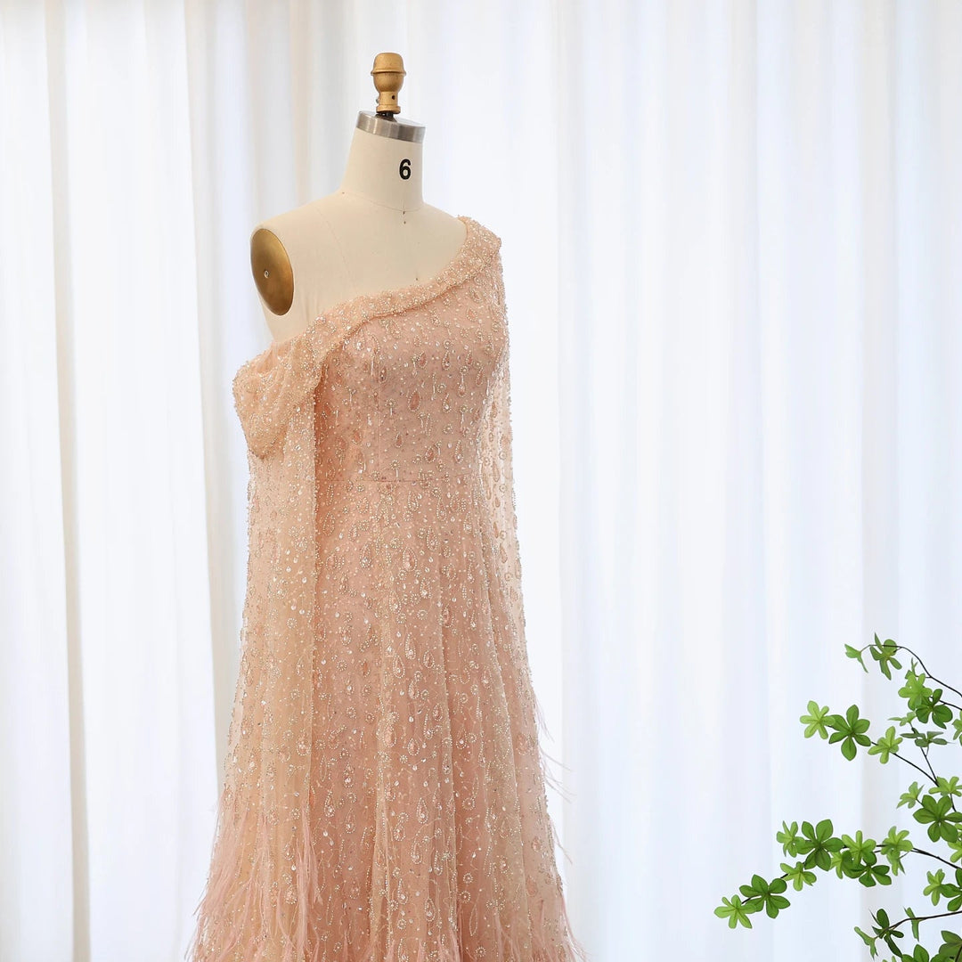 Feather One Shoulder Evening Dresses with Cape Sleeves SS438