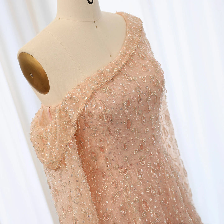 Feather One Shoulder Evening Dresses with Cape Sleeves SS438