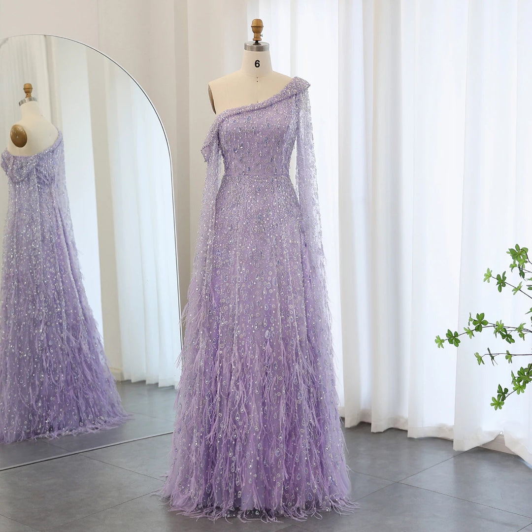 Feather One Shoulder Evening Dresses with Cape Sleeves SS438
